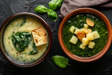 Overhead view of spinach and potato soup with bread in bowl on black background