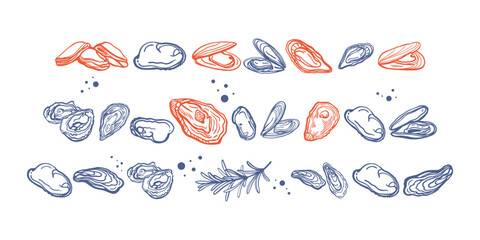 Isolated vector set of seafood. Mussels. Hand drawn seafood delicacy, restaurant and marine cafe menu. Design template.