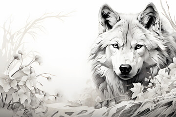 Watercolor painting of white, black head wolf draw by among leaves and flowers nature on white background. Realistic animal clipart template pattern. Background Abstract Texture.