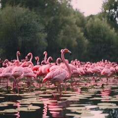 AI generated illustration of flamingos standing in a pond with water