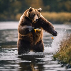 AI generated illustration of a brown bear catching a fish in a river