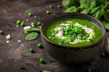 Plant based pea and spinach soup with coconut cream and mint Dark backdrop
