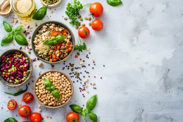 Plant based bowl on white background with plant leaves top view Vegan concept