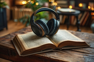 Headphones on a book, podcast or audiobook concept