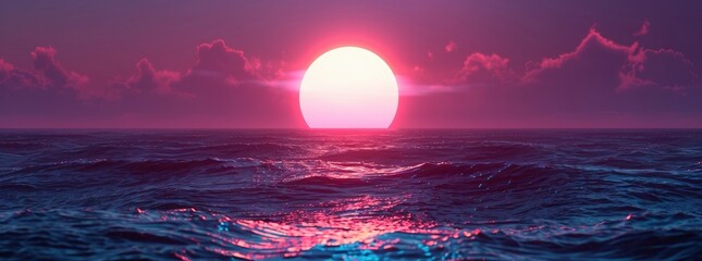 A retro sun rising over an ocean in the style of digital grid