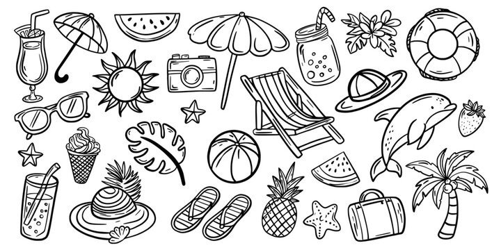 Set of summer symbols. Summer vacation. Doodle. Hand drawing.