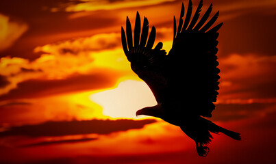 AI generated illustration of a bird soaring against a sunset sky