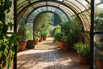Plants in clear domed greenhouse with view of pretty garden from open door