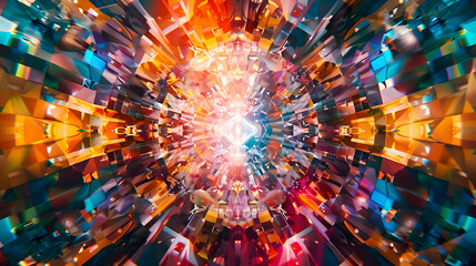 A photograph of a vibrant explosion of geometric shapes, featuring vivid colors and complex patterns, resembling a kaleidoscope. The image simulates the quality.