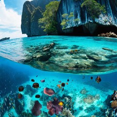 Maya Bay, with a vibrant coral reef teeming with marine life