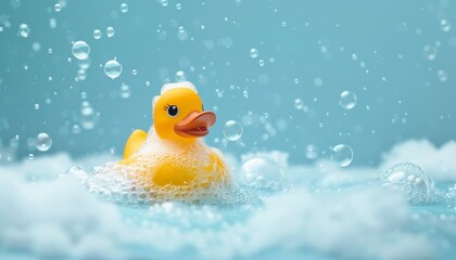 Playful rubber duck in a bubble bath light blue background with bubbles Kids spa and bath time concept