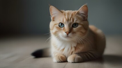 Obraz premium Orange and white cat with blue eyes lounging on the floor