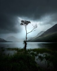 an old tree in the middle of a lake under a dark sky