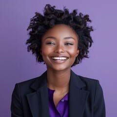 Joyful Businesswoman in Studio purple background