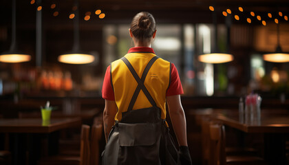Waitress wearing a yellow vest and black apron in a restaurant