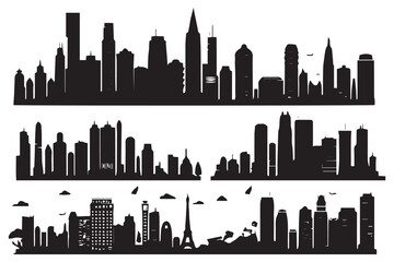 set of City silhouette in flat style. Modern urban landscape. Vector illustration. City skyscrapers building office skyline on white background