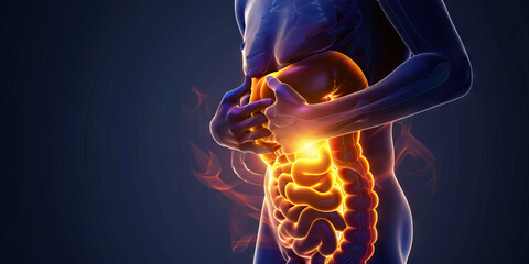 Gastric Ulcer: The Abdominal Pain and Indigestion - Visualize a person holding their stomach with a pained expression, with a highlighted stomach area and digestive system - obrazy, fototapety, plakaty