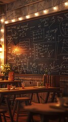 Classroom filled with math and science equations on blackboards, warm ambient light, 