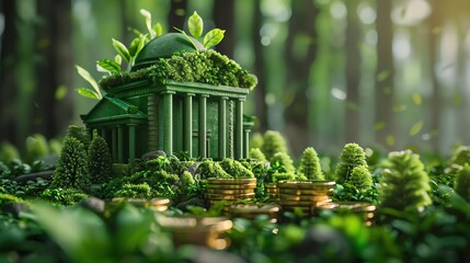 green bank building made of leaves and plants, symbolizing the concept of sustainable finance and green banking