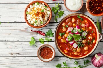 Red pozole on white wood