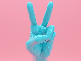 pastel blue coloured hand making the peace sign on a pink background