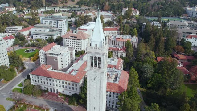 Aerial View of The Campanile Tower in University of California Berkeley Campus, Revealing Drone Shot