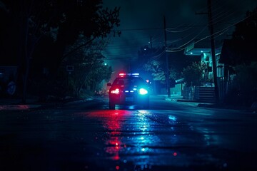 Police lights flashing in the darkness