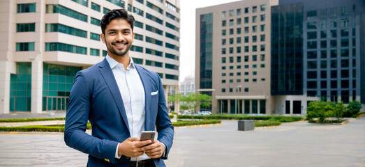 Professional Indian Executive Smiling with Smartphone in Hand Outside Office Buildings