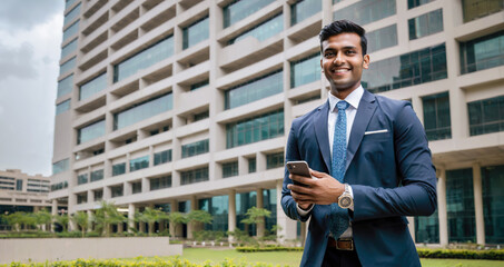 Professional Indian Executive Smiling with Smartphone in Hand Outside Office Building