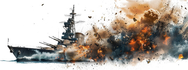 Warship explosion from a missile hit isolated on the transparent background - Powered by Adobe