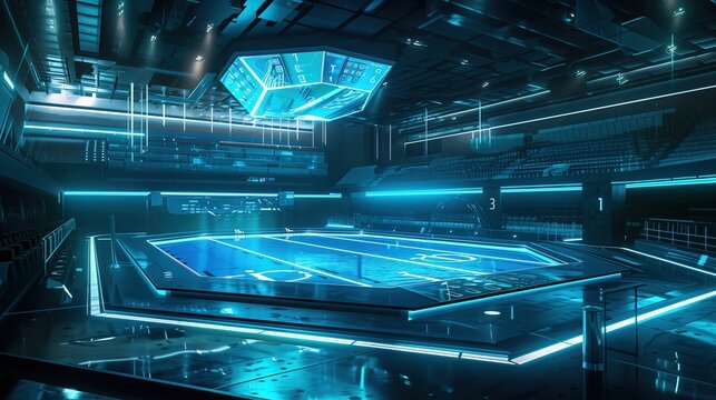 a futuristic olympic natatorium with holographic score panel, technology and science background