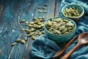 Pumpkin seeds and wooden spoons on blue cloth with wooden background - Powered by Adobe