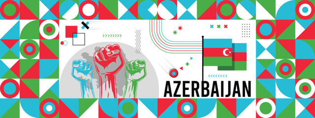 Flag and map of Azerbaijan with raised fists. National day or Independence day design for Counrty celebration. Modern retro design with abstract icons. Vector illustration.