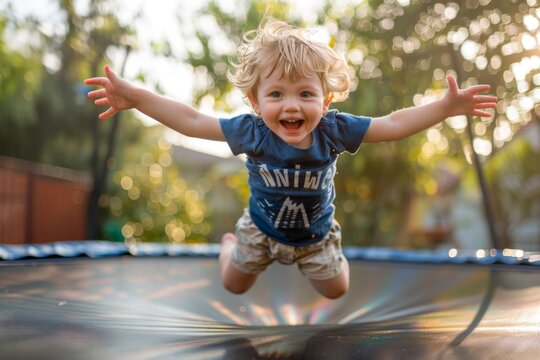 Child jumping high on trampoline
