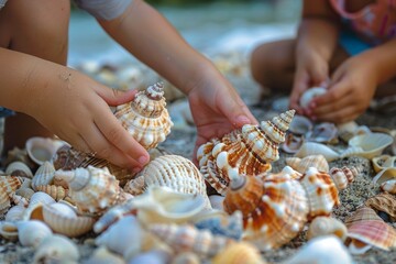 Children collecting shells on the sea beach