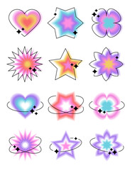 Aura Gradient elements set. Y2k style blurred gradient shapes. Blurry flower, heart, star, butterfly aesthetic elements. Abstract geometric shapes in trendy retro style.