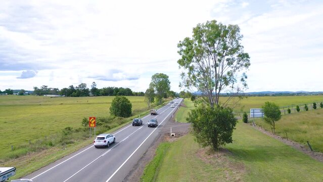 Driving on the Cunningham Highway near Aratula in Queensland's Scenic Rim region in Australia.