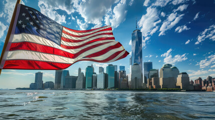 American flag on the background of New York, architecture, state, nation, symbol, USA, independence day, patriotism, freedom, building, city view, elections, America, stars, stripes, skyscrapers