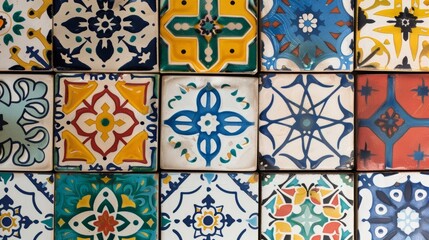 A set of ceramic wall tiles with an intricate Moroccaninspired pattern handpainted in a variety of bold vibrant colors..
