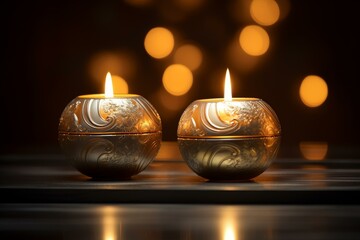  Elegant gold candles lit, ornate designs, warm bokeh background, ideal for festive or luxury themes.