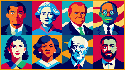 Vibrant canvases lined with portraits of influential US figures from past presidents to civil rights activists offer a powerful representation of. Vector illustration