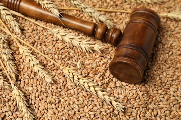 Wooden gavel and wheat ears on grains, closeup. Agricultural deal