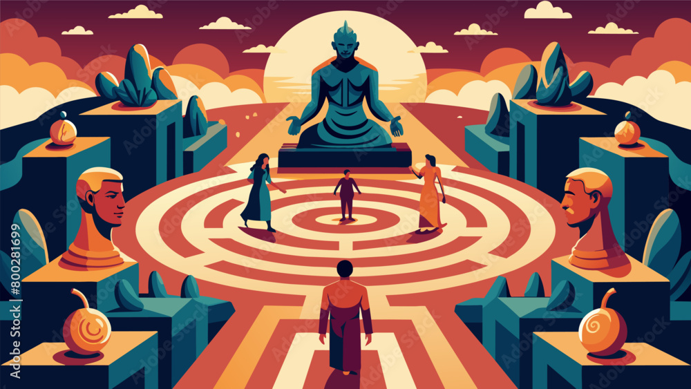 Poster an expansive labyrinth filled with statues and symbols representing different aspects of the journey