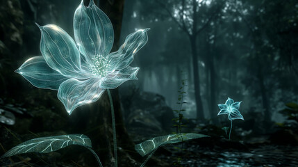 a glowing blue flower in a dark forest. 