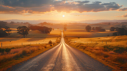 wide angle shot of an empty road infront of an australian carrot crop field. 