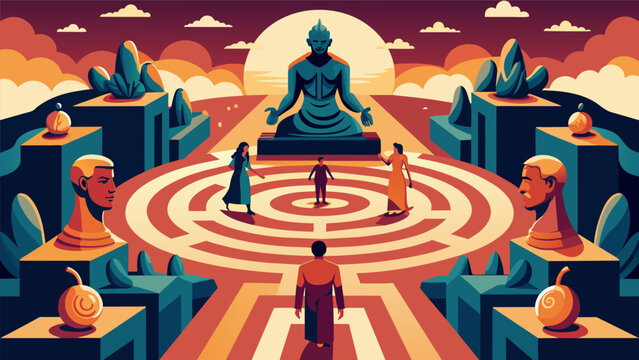 An expansive labyrinth filled with statues and symbols representing different aspects of the journey towards freedom encouraging visitors to reflect. Vector illustration