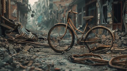 Rusty bicycle lying on a devastated street with the ruins of collapsed building - Post-Apocalyptic Streetscape