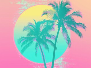 Fototapeta na wymiar palm trees, simple art, neon pink and teal colors, yellow sun in the background,