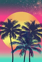 palm trees, simple art, neon pink and teal colors, yellow sun in the background,