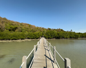 Ao Talet Wooden Bridge at noon with mangrove forest background